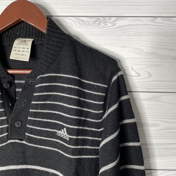 VTG Adidas Wool Blend Black White Striped Button Neck Pullover Sweater Small - Picture 2 of 7